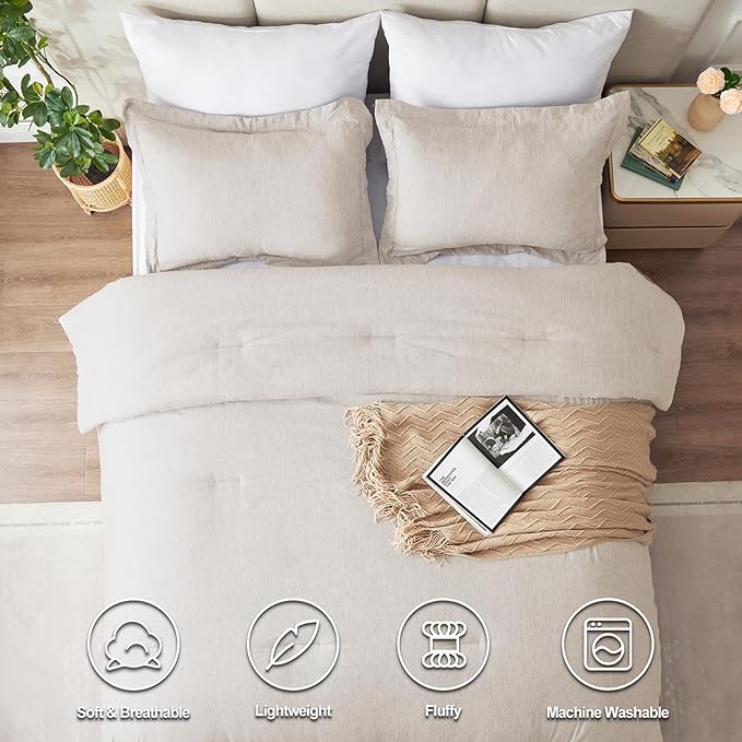 CozyLux Oversized King Comforter Set, 3 Pieces 120x98 Beige Soft Luxury Cationic Dyeing Bedding All Season, Lightweight Breathable Fluffy Bed Sets with 1 Alternative Comforter and 2 Pillow Shams