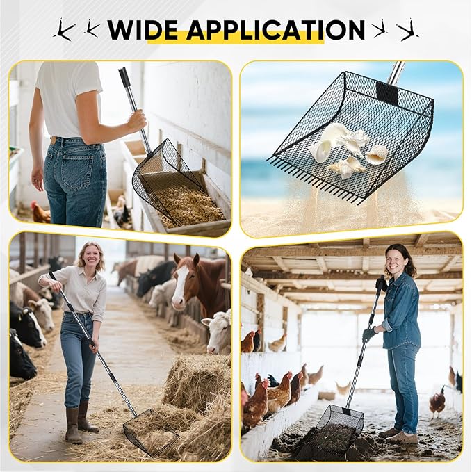 Upgraded 12-inch Chicken Poop Scooper Rake, Durable Metal Poop Scoop for Chicken with 24 to 68" Adjustable Stainless Steel Handle, Litter Scooper for Sand Sifting Shovel for Animals House