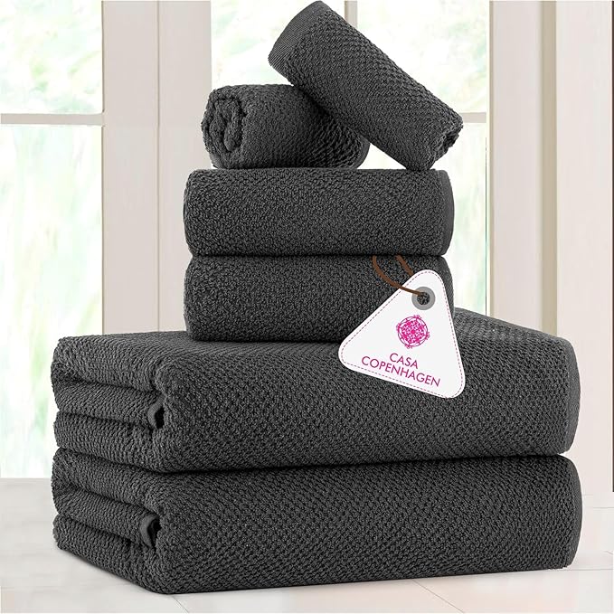 CASA COPENHAGEN Popcorn Textured 6 Pieces Towel Set- Pine Grey, 550 GSM 2 Bath Towel 2 Hand Towel 2 Washcloth, Rough & Tough Use Cotton Towels Gift Set for Bathroom