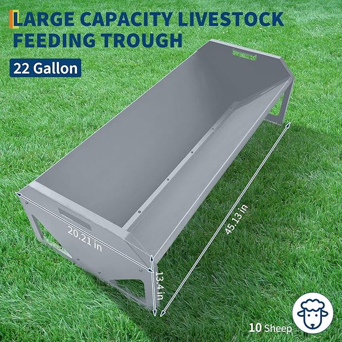 45.13" Heavy Duty Steel Goat Feeder, Heavy Duty 22 Gallon Capacity Livestock Feed Trough, Thickened Livestock Feeder for Goats, Sheep, Horses, Cattle, Alpacas, Easy to Clean, Silver