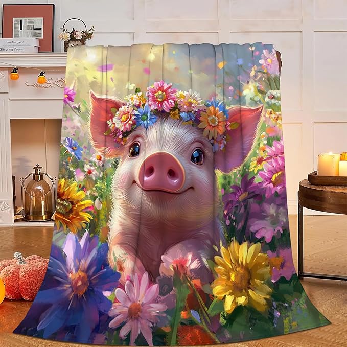 Pig Blanket, Pink Pig Throw Blanket, Flower Gifts Blankets Stuff Fleece Flannel Plush for Girls Women Men Boys Lovers Adults Soft Bedding Gift for Sofa Bed Office Home Decor 80"x60"