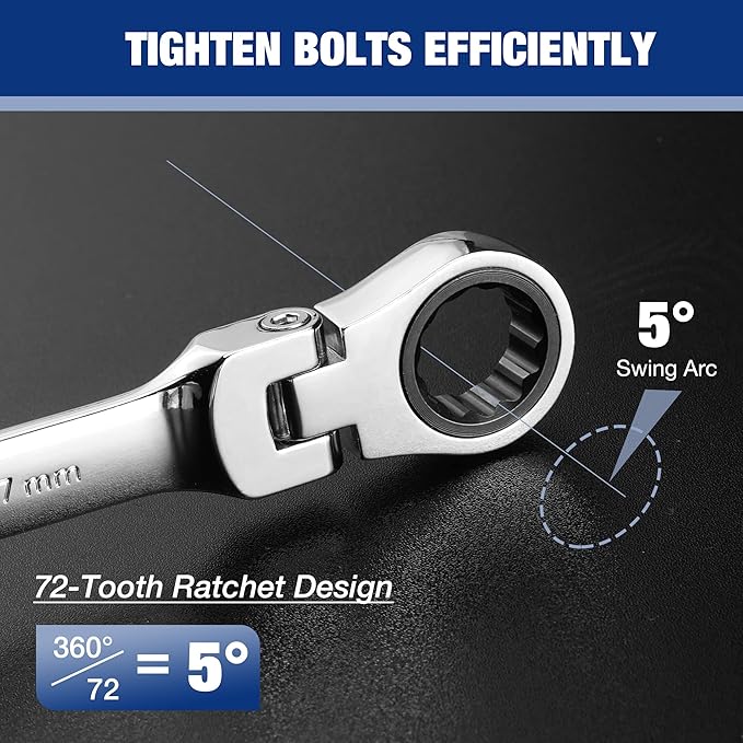 WORKPRO 8-piece Flex-Head Ratcheting Combination Wrench Set, Metric 8-17mm, 72-Teeth, Cr-V Constructed, Mirror Polished Chrome Plated with Roll Up Pouch