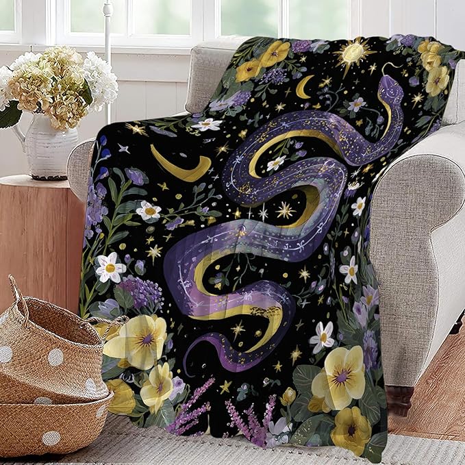 Purple Snake Blanket Fantasy Floral Reptiles Throw Blankets Gifts for Girls Boys Kids Snake Lover Soft Cozy Fleece Plush for Couch Sofa Bed 50"x40"