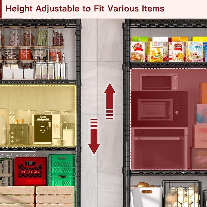 PrimeZone Wire Shelving Unit with Wheels, 5 Tier Adjustable NSF Certified Heavy Duty Metal Storage Shelves, Pantry Organizer Rack Rolling Kitchen Shelf for Closet, 24" W x 18" D x 75" H, Black, 4 PCS