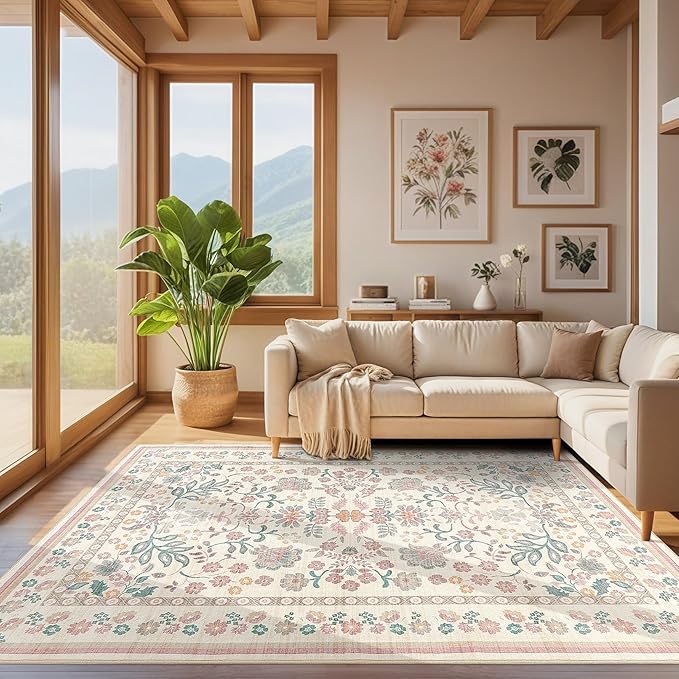 9x12 Area Living Room Rugs - Washable Boho Vintage Floral Large Soft Non Slip Thin Rug Low Pile Carpet for Bedroom Dining Room Kids Playroom Office Decor Indoor - Pink