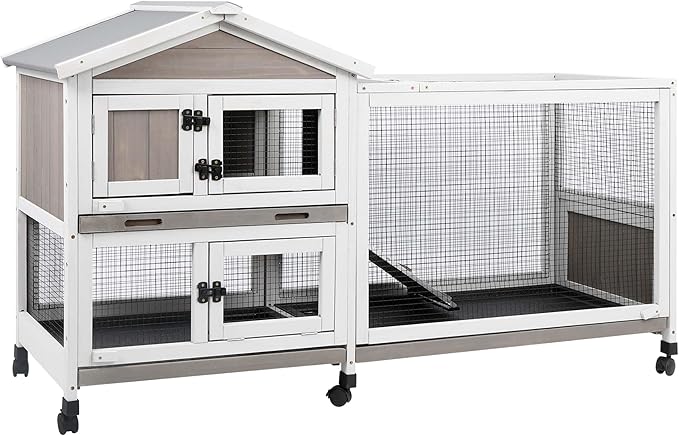 Outdoor Rabbit Hutch 2-Story Hutch for Indoor Bunny Weatherproof Bunny Cage with 6 Wheels, 3 Waterproof,Pull Out Trays, Safe Metal Run, and Multi-Functional Design for 1-3 Rabbits Small Pets