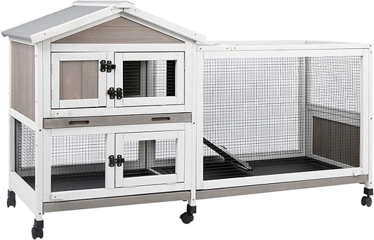 Outdoor Rabbit Hutch 2-Story Hutch for Indoor Bunny Weatherproof Bunny Cage with 6 Wheels, 3 Waterproof,Pull Out Trays, Safe Metal Run, and Multi-Functional Design for 1-3 Rabbits Small Pets