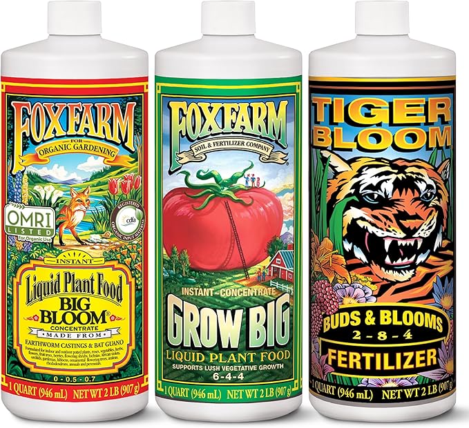 FoxFarm Fertilizer Soil Trio Liquid Nutrient: Tiger Bloom, Grow Big, Big Bloom Quart Bottles - (Pack of 3-32 oz)