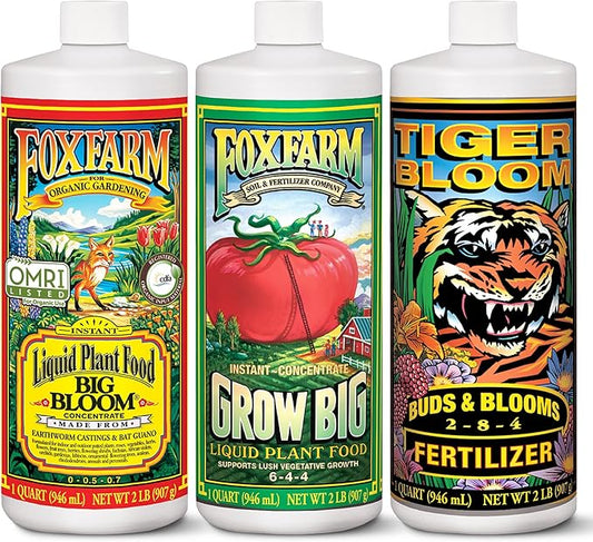 FoxFarm Fertilizer Soil Trio Liquid Nutrient: Tiger Bloom, Grow Big, Big Bloom Quart Bottles - (Pack of 3-32 oz)