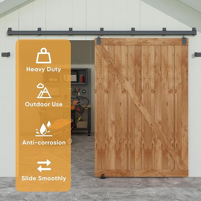 JUBEST 10FT Box Rail Exterior Barn Door Hardware Kit, Heavy-Duty Black Sliding Barn Door Track System, Wall Mount Door Hardware Kits (Door Not Included)