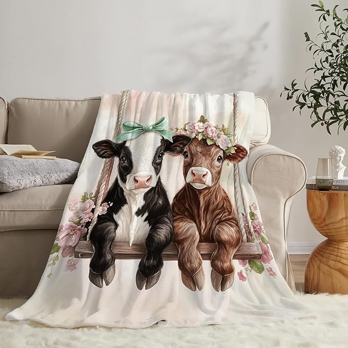 Cute Ultra Soft Cozy Swing Blanket - Fleece Fuzzy Plush Cattle Cow Lovers Decor Gifts for Women Girls Adults - 50"x40"