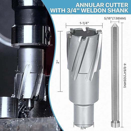 KEENTECH 2-PC Carbide-Tipped Annular Cutter Set, 1-1/4" Dia x 2" Depth, 3/4" Weldon Shank (2 Flat), High Speed Cutting TCT Mag Drill Bit with Pilot Pin for Harder Material