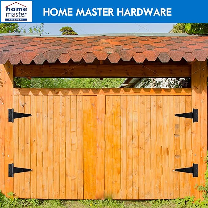 HOME MASTER HARDWARE 6 Inch T-Strap Heavy Duty Shed Door Hinges, Black Stainless Steel Heavy Duty Gate Hinges Tee Hinge for Wooden Fences,Yard Door, Barn Door Gates, Rustproof Wrought with Screws, 4 P