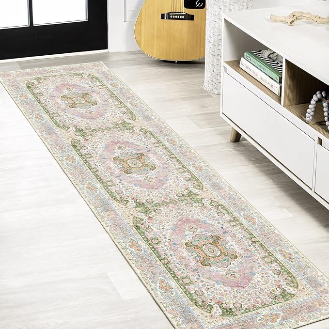 Washable Runner Rug 2x8,Pink Rug Runners Non Slip,Long Boho Rugs for Hallways Kitchen Bedroom Entryway Living Room Bathroom,Vintage Bohemian Distressed Floor Carpet,Blush Green