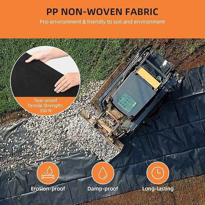 PioneerWorks Geotextile Landscape, 4ft x 50ft & 6oz Geotextile Fabric, PP Drainage 350N Tensile Strength & 440N Load Capacity, for Driveway & Road Stabilizationr, Erosion Control, French Drains