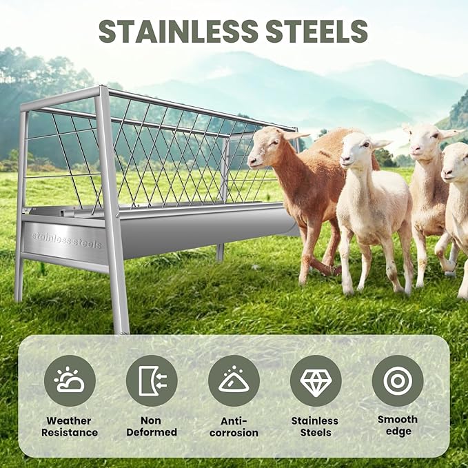 2-in-1 Goat Hay Feeder, Stainless Steel Livestock 90 Gallon Hay Feeder with 30 Gallon Feeding Pan, Detachable Hay Rack for Sheep, Cow & Horse, Easy to Assemble, Silver