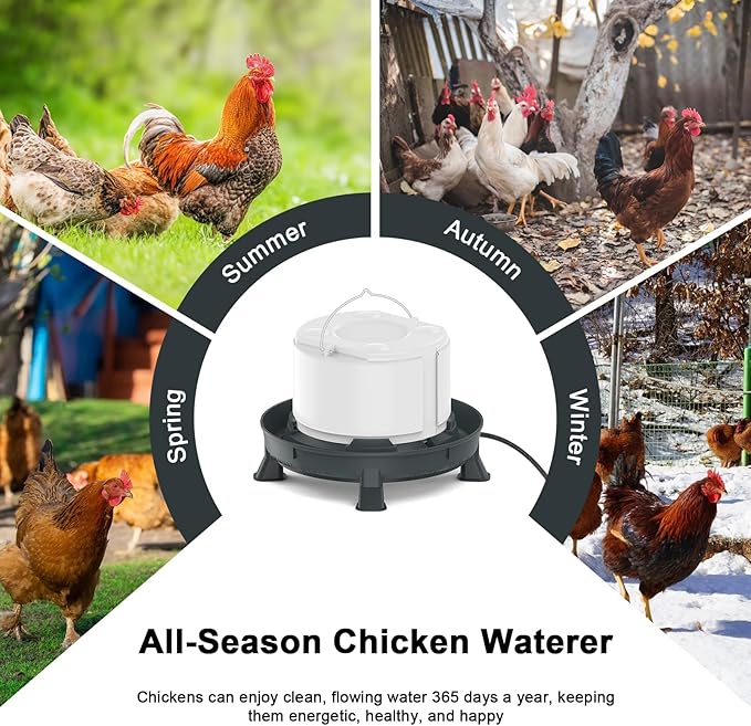 4.28L Heated Chicken Waterer - Winter Freeze-Proof Heated Poultry Waterer, 84W Hanging Chicken Water Heater with 4 Detachable Leg Support, Poultry Water Fountain for Chickens, Ducks（Round）