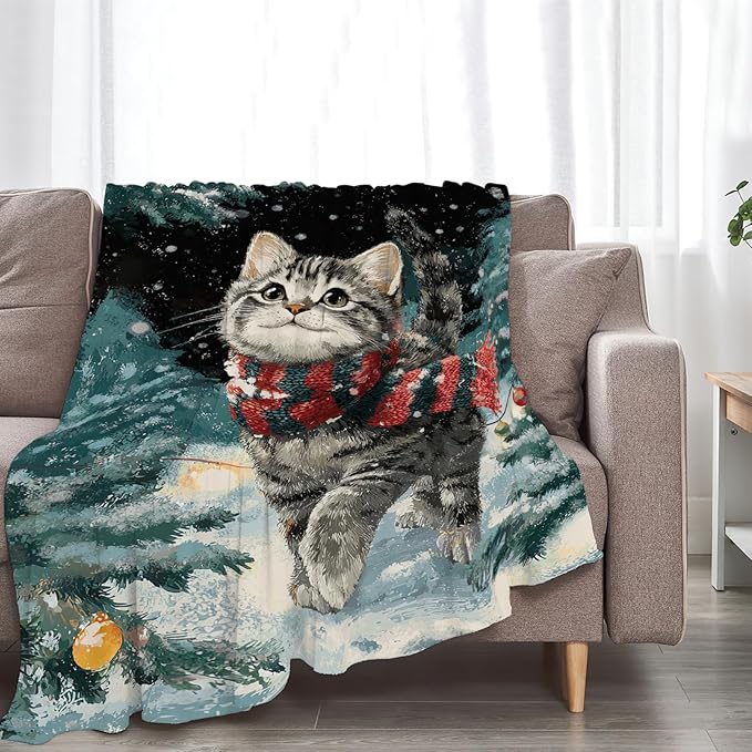 Cat Blanket Christmas Winter Night Throw Blankets Kitten Gifts for Girls Boys Kids Cat Lover Soft Cozy Fleece Plush for Couch Sofa Bed 60"x50"