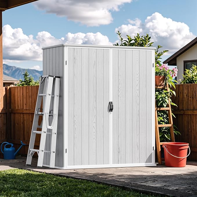Devoko 5 x 3 Resin Outdoor Storage Shed with Floor - Waterproof Plastic Outdoor Tool Cabinet with Lockable Doors for Patio Furniture, Pool Accessories, Garden Tools (Light Gray)