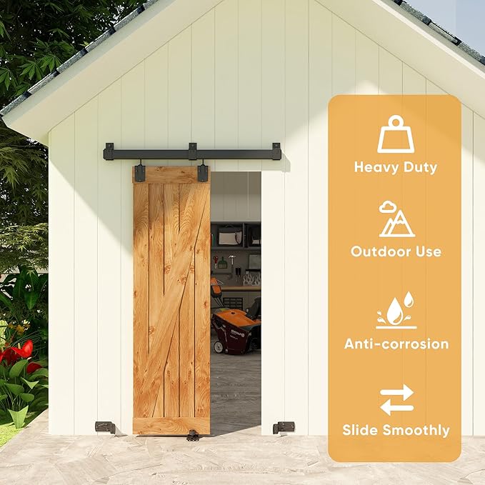 JUBEST 4FT Box Rail Exterior Barn Door Hardware Kit, Heavy-Duty Black Sliding Barn Door Track System, Wall Mount Door Hardware Kits (Door Not Included)