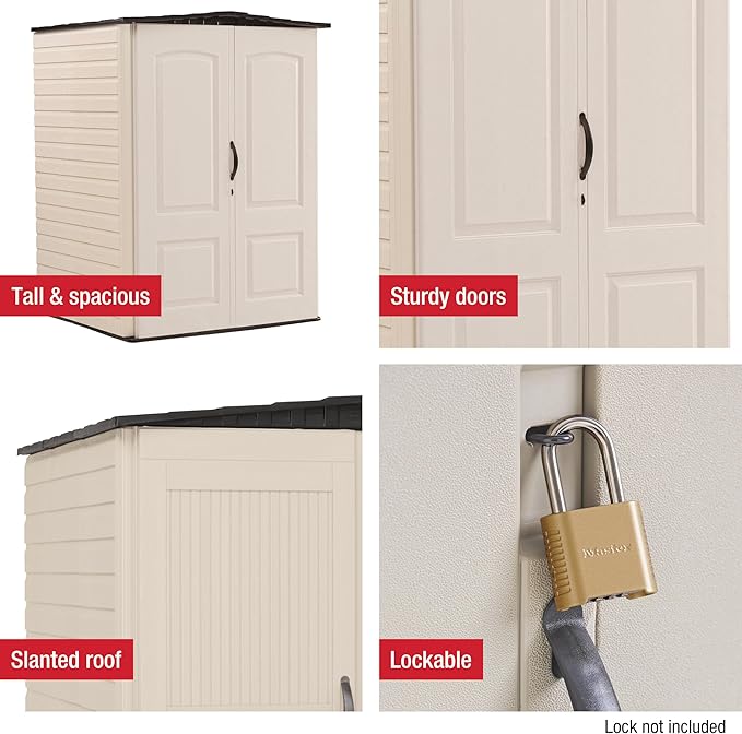 Rubbermaid Medium Vertical Resin Outdoor Storage Shed With Floor (4.3 x 4.6 Ft), Weather Resistant, Beige/Brown, Organization for Home/Backyard/Garden Tools/Lawn Mower/Bike Storage/Pool Supplies