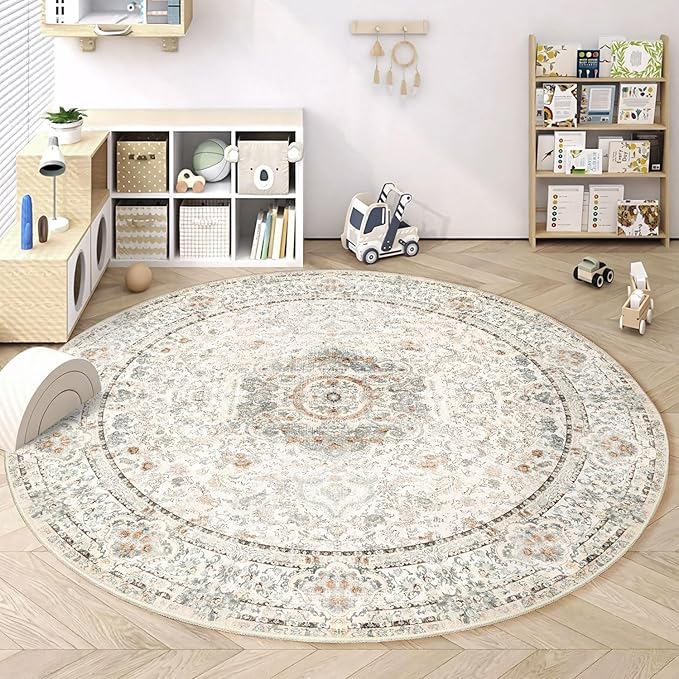 Round Rug 9ft,Large Boho Circle Area Rugs for Bedroom Living Room,Beige Washable Vintage Bohemian Distressed Oriental Floral Carpet Non Slip