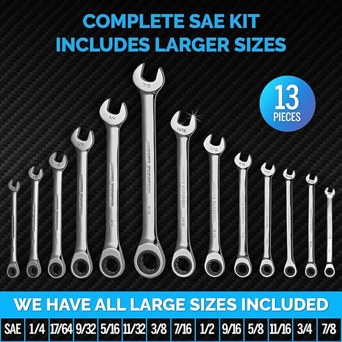 TOOLGUARDS Ratcheting Wrench Set 13pcs - Standard - With Rack Organizer - Wrenches - Combination Ratchet Wrench Set - 100% Lifetime Satisfaction Guarantee