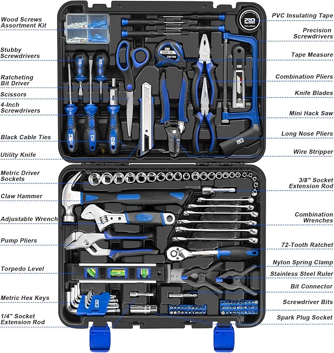 Prostormer 259-Piece Tool Kit, General Household Hand Tool Set with Plastic Storage Toolbox, Portable Complete Repair Tool Box for Home and Car (Blue)
