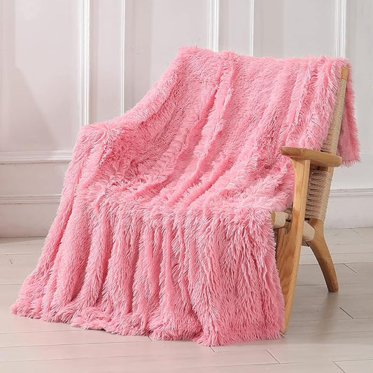 Tuddrom Decorative Extra Soft Faux Fur Blanket Queen Size 80" x 90",Solid Reversible Fuzzy Fluffy Cozy Plush Fleece Comfy Microfiber Fur Blanket for Couch Sofa Bed,Pink