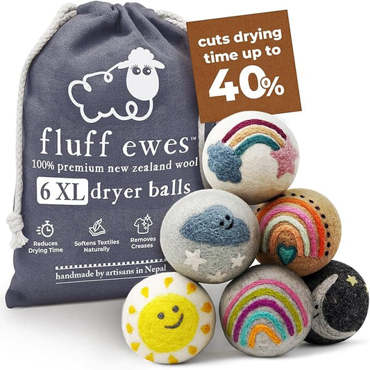 Hustle & Blush Fluff Ewes Wool Dryer Balls 6 Pack - XL Rainbow or Shine Premium New Zealand Laundry Set, Reduces Drying Time, Static Control, Chemical Free, Ideal Holiday Gifts for Women & Men