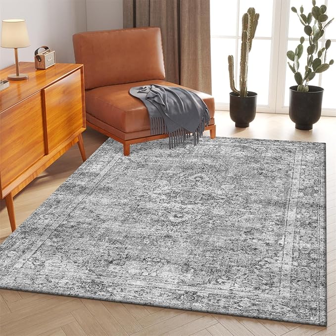 Area Rug 4x6 Gray Living Room Rugs,Machine Washable Rug,Stain Resistant Soft Thin Carpet,Boho Vintage Home Decor,Indoor Non-Slip Rugs,for Bedroom,Office,Farmhouse,Dining,Dorm