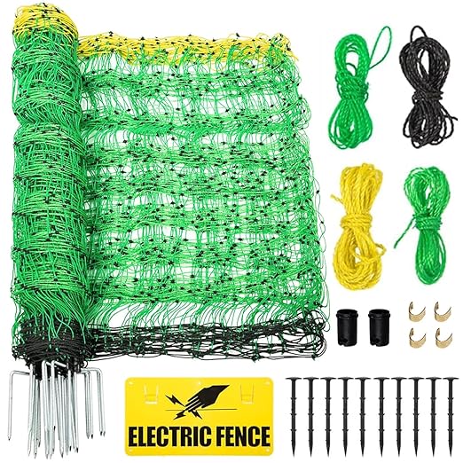 Electric Fence Netting, 49.6" H x 164'L Electric Anti-Predator Poultry Fence, PE Net Fencing Kit with 14 Posts Double Spiked, Movable Livestock Nets for Sheep, Hogs, Cattle and Other Poultry