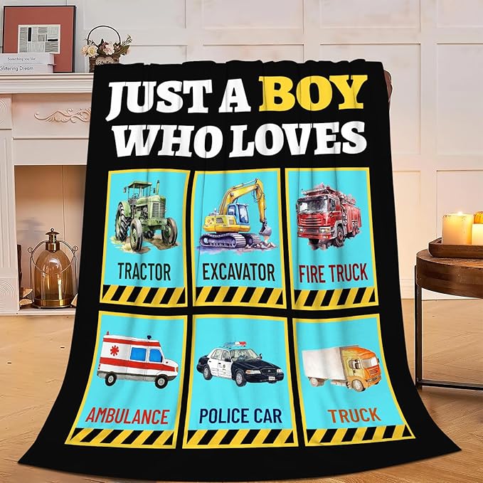 Just a Boy Who Loves Truck Blanket Soft Car Excavator Fleece Throw Blanket Tractor Flannel Plush Bedding Stuff Decor Blankets Gifts for Lover Girls Boys Kids Women Adults Bed Travel 40"x50"