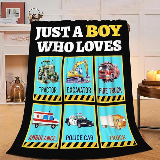 Just a Boy Who Loves Truck Blanket Soft Car Excavator Fleece Throw Blanket Tractor Flannel Plush Bedding Stuff Decor Blankets Gifts for Lover Girls Boys Kids Women Adults Bed Travel 40"x50"