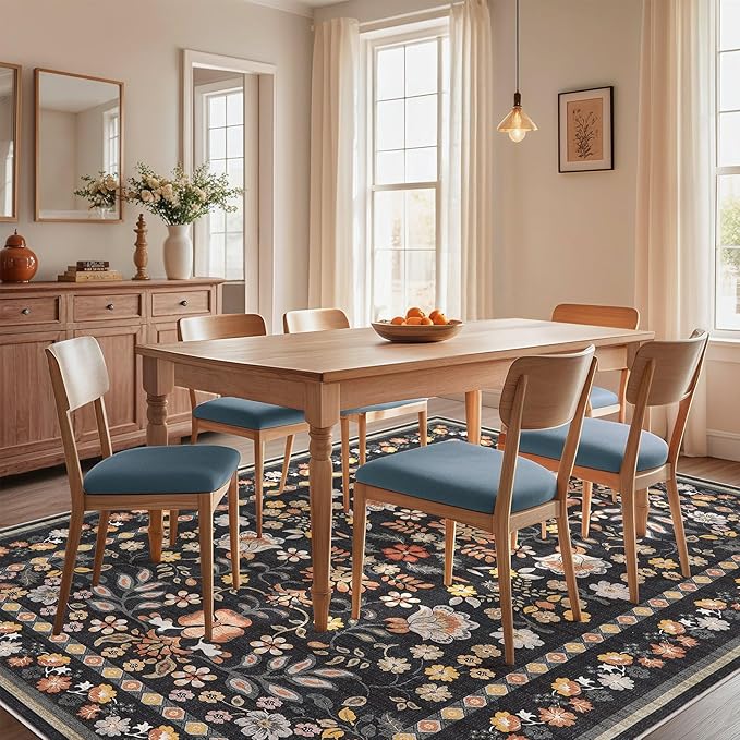 8x10 Area Living Room Rugs - Washable Boho Vintage Floral Large Soft Non Slip Thin Rug Low Pile Carpet for Bedroom Dining Room Kids Playroom Office Decor Indoor- Black Grey