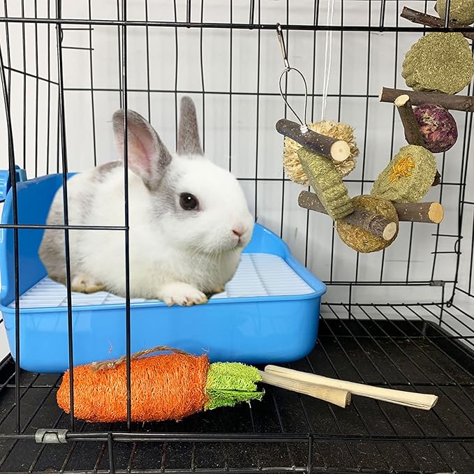 kathson Rabbit Litter Box, Bunny Corner Litter Pan, Pet Toilet Potty Trainer Bedding Box with Detachable Hanging Pet Cage Bowl for Rabbit Bunny Guinea Pig Ferrets Chinchilla(Blue)