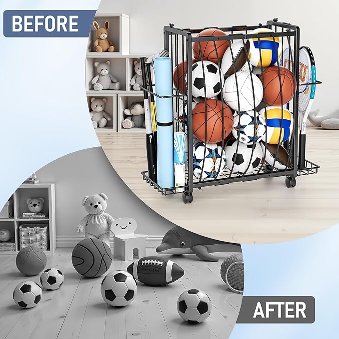 Sports Equipment Garage Organizer,Garage Ball Storage Rack for Sports with Wheels-Upgraded 3 Layers Organizer Rack Outdoor Basketball Racks for Balls with Holder and Hooks (Bright Black)