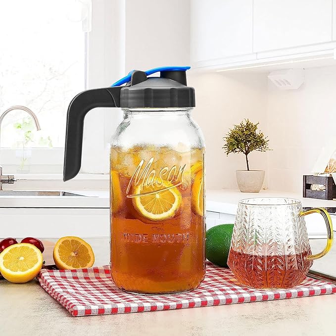 Half Gallon Mason Jar Pitcher Large Wide Mouth 64 oz with Lid - 2 Quart for Iced Tea, Sun Lemonade, Coffee, Airtight, Set of 1