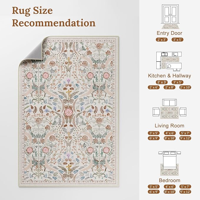 AMTOVO 5x7 Washable Area Rugs for Living Room, Vintage Boho Floral Distressed Print Non-Slip Carpet, Soft Colorful Accent Rug for Bedroom Dining Room Playroom Nursery Farmhouse Girls Room, Beige