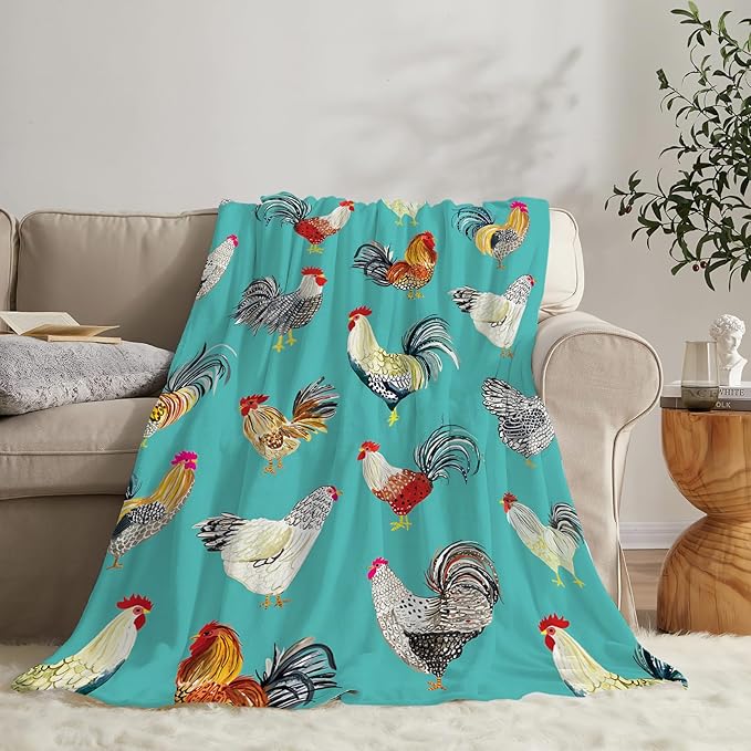 Farmhouse Chicken Blanket Ultra Soft Cozy Farm Rooster Throw Blanket Fleece Fuzzy Plush Bedding Country Chicken Gifts for Women Girls Kids Adults 80"x60"