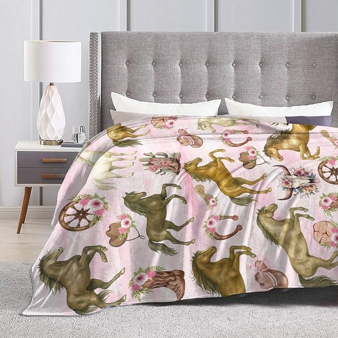 Western Cowgirl Throw Blanket Pink Cowgirl Horse Flannel Blankets Southwest Horses Plush Super Soft Cozy Warm Decor Gifts for Boys Girls Kids Adults Men Women 50" x 60"