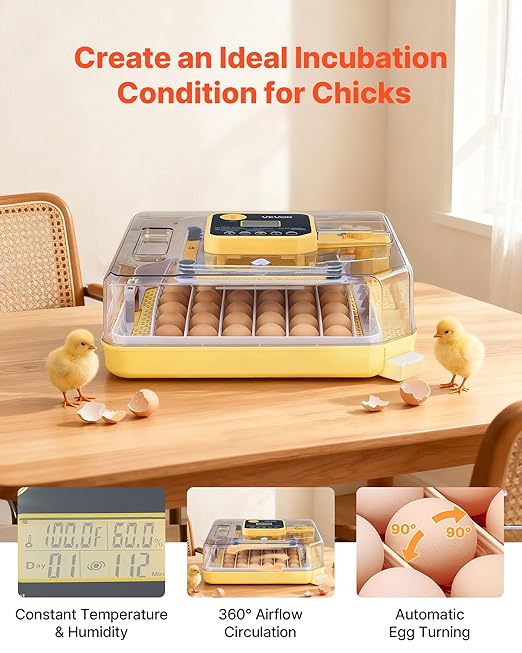 VEVOR 48 Egg Incubator, Automatic Egg Turner with LED Candler, Temperature Display & Auto Humidity Control, 360° View Clear Window, Poultry Eggs Incubator for Hatching Chicks Ducks Goose Quail