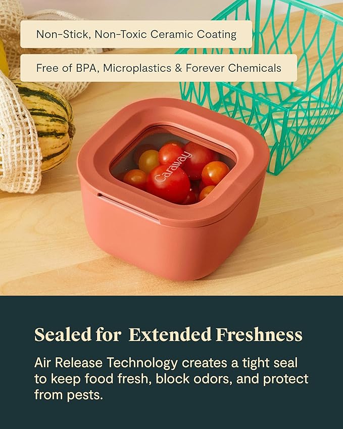Caraway Mini Square Food Storage Container - 1.75 Cup Glass Storage Container for Food - Non-Toxic Ceramic-Coated Glass - Air Release Technology - Compact & Stackable Design - Perracotta
