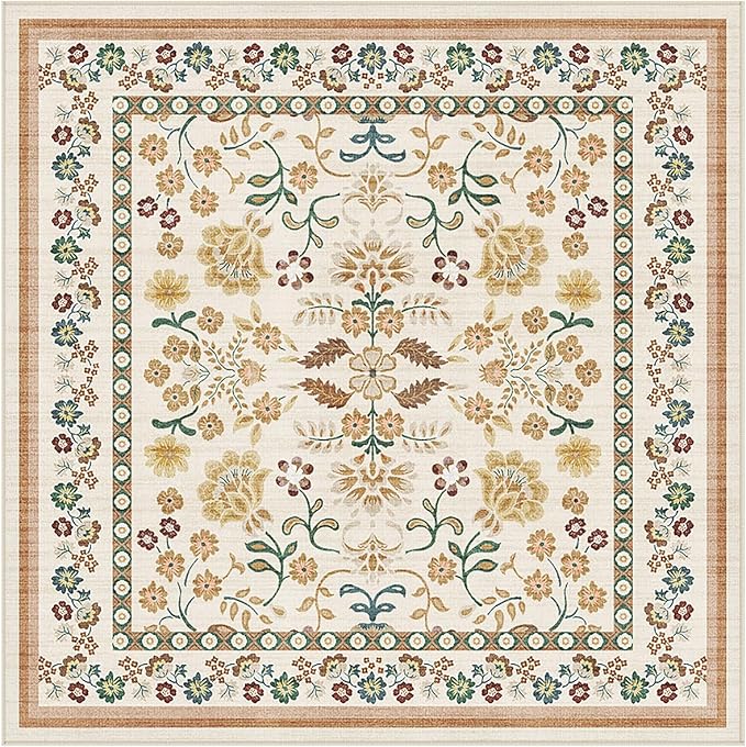 Square Area Rugs : Washable 5x5 Floral Carpet for Living Room Bedroom - Soft Floor Mat with Non Slip Backing for Kitchen Nursery Dorms Farmhouse Home Decor - Brown