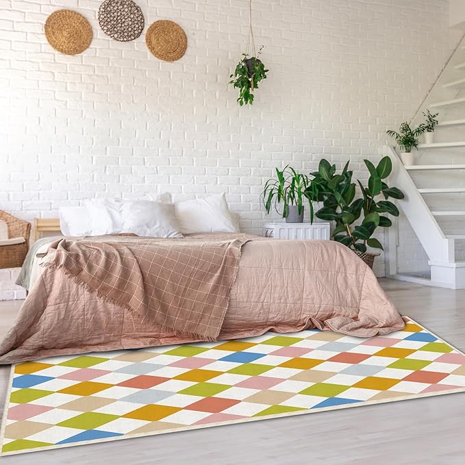 Checkered Washable Geometry Diamond Area Rugs 5x7 Modern Colorful Soft Large Carpet for Children's Room Living Room Entryway Bedroom Non-Slip