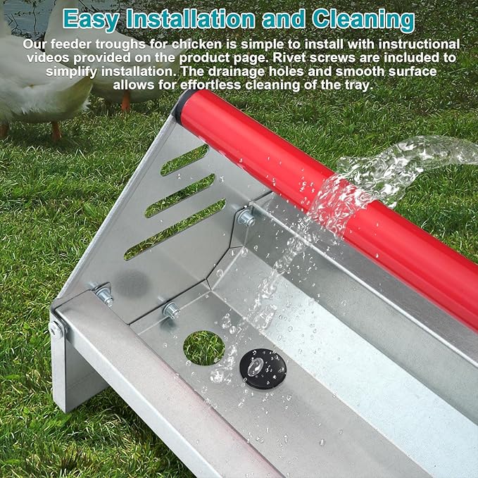 Chicken Feeding Trough 45", Heavy Duty Galvanized Steel Feeder with Drainage Holes & Crossbar, Poultry Feeder Trough for Chicken, Duck, Geese, Turkey, Rabbit and Pigeon