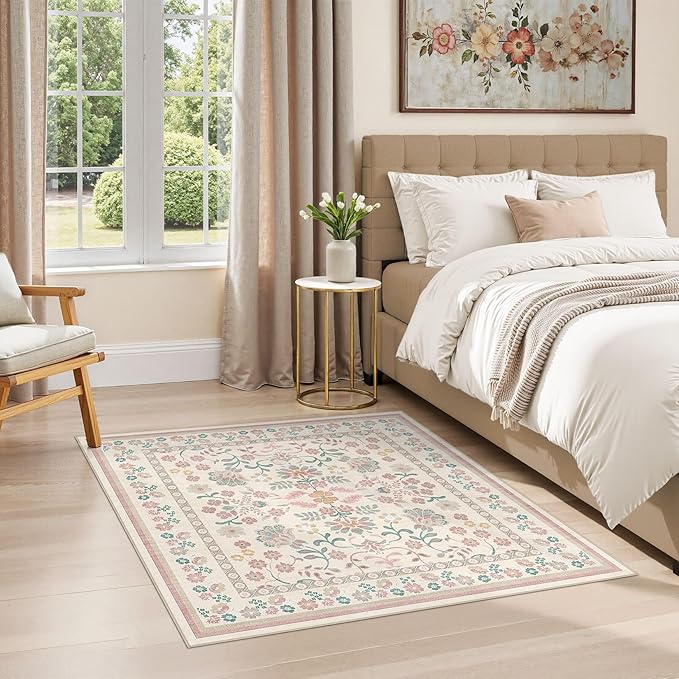 Square Area Rugs : Washable 4x4 Floral Carpet for Living Room Bedroom - Soft Floor Mat with Non Slip Backing for Kitchen Nursery Dorms Farmhouse Home Decor - Pink