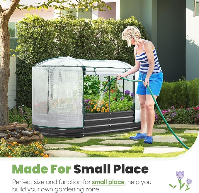 KING BIRD Raised Garden Bed with Cover Galvanized Oval Planter Garden Box Outdoor for Gardening, Vegetables, Flowers 71x36x12 in, White