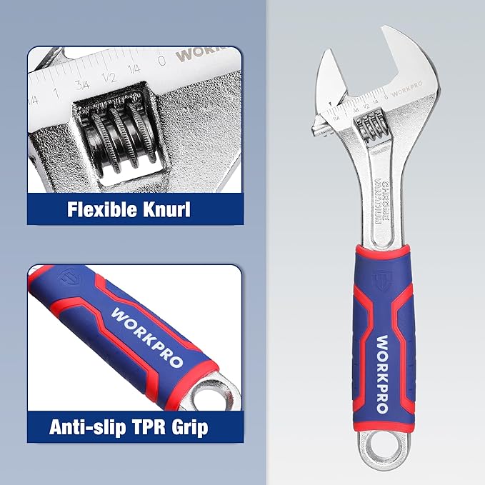 WORKPRO 10-inch Adjustable Wrench, Wide Jaw Opening Wrench with Rubber Anti-slip grip, Metric/SAE Scales, Premium Cr-V Steel, Chrome Plated