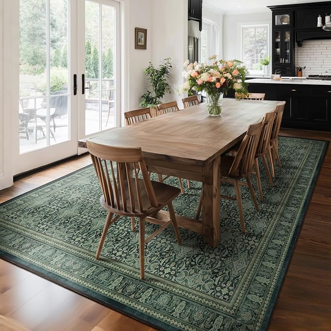 Washable Rugs 8x10 Dark Green, Floral Moroccan Pattern Printed Vintage Boho Styler for Living Room Bedroom, Non Slip Low Pile Thin Carpet Rug for Dining Room Guest Room Office